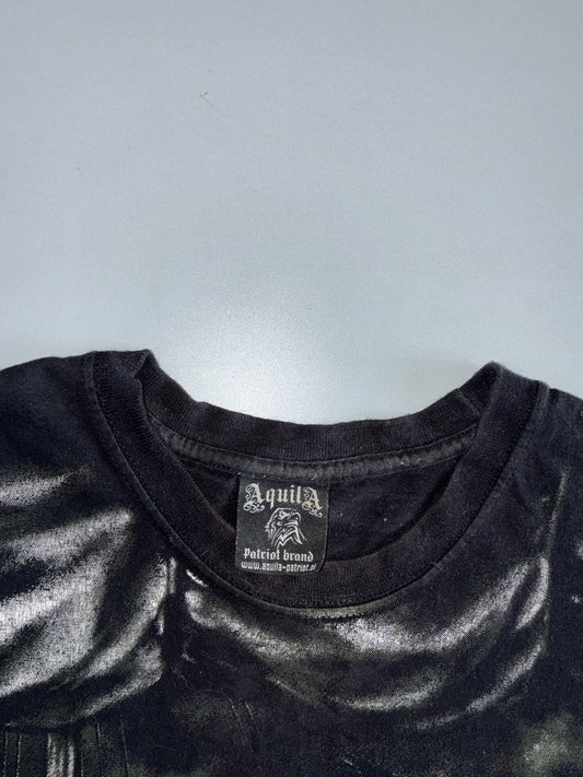 Vintage Aquila Patriot Brand Viking Longship All-Over Print T-Shirt | Black (L)