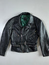 Vintage Belted Green-Lined Leather Biker Jacket (L)