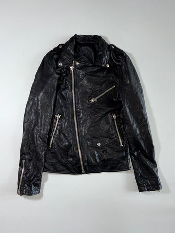 Vintage | Black Leather Double Rider Biker Jacket – Silver Zip Hardware | (S)