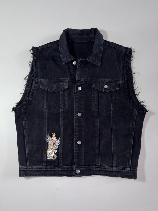 Ed Hardy Embroidered Skull & Snake "New York City" Denim Vest  Black (L)