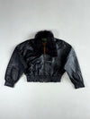 U.S. Polo Assn. Black Leather Cropped Bomber with Burgundy Fur Collar & Paisley Lining Women’s(S)