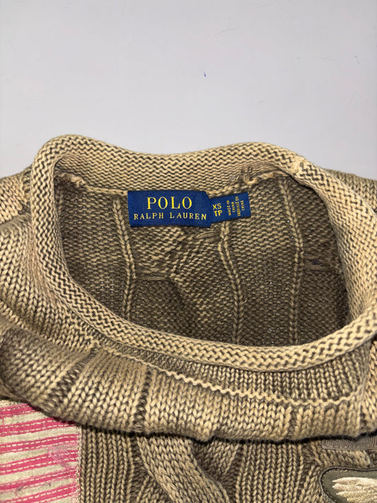 Polo Ralph Lauren Military Eagle & Flag Embroidered Cable Knit Sweater – Washed Olive imbroeider (S/M)