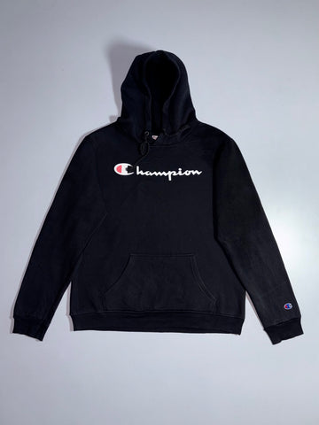Champion Script Logo Pullover Hoodie – Black, (M)
