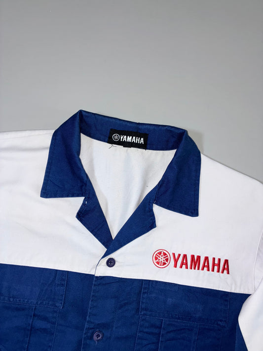 Yamaha Motorsport Mechanic Shirt — Two-Tone Navy & White Pit Crew Workwear, Embroidered (XL)
