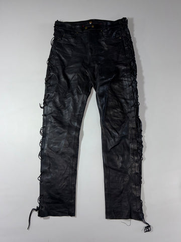American Pro Black Leather Lace-Up Biker Pants (W:36) (L:45)