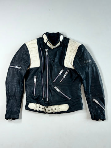 Vintage 80s Hein Gericke Navy & Cream Leather Motorcycle Jacket with Belt (S)