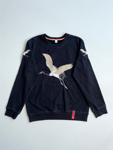 Embroidered Red-Crowned Crane Black Sweatshirt (M)