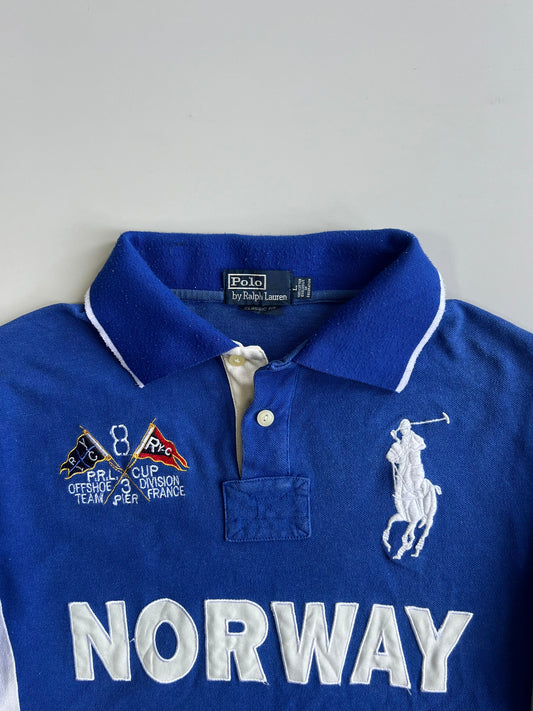 Polo Ralph Lauren Classic Fit Norway NOR #8 Big Pony Sailing Patch Colorblock Long Sleeve Rugby Shirt Blue (M)