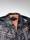 Black Leather-Look Bomber Jacket with Geometric Contrast Stripes & Snap Front (L)