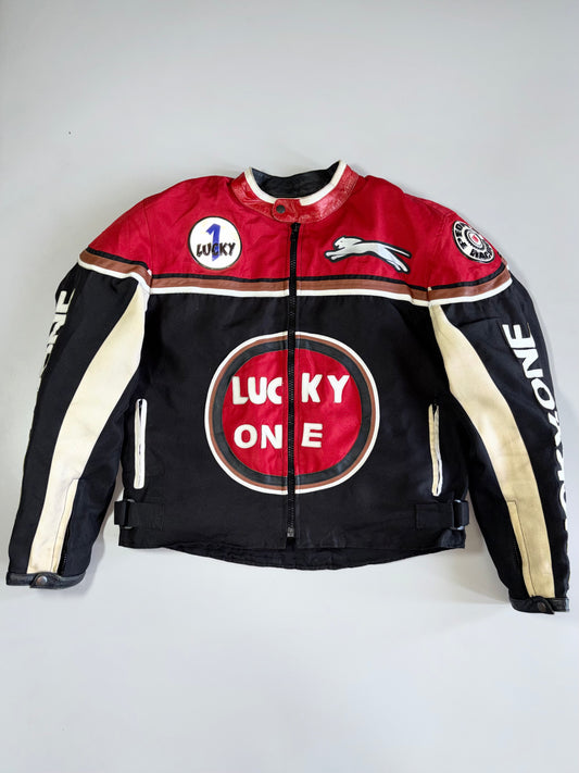 Lucky One Vintage Moto Racing Jacket With Leather Trim Patches (Paded) (M)