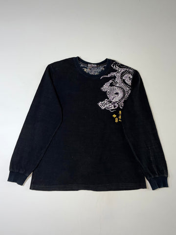 Big Train Japanese Dragon Embroidered Long Sleeve T-Shirt – Black (XL)