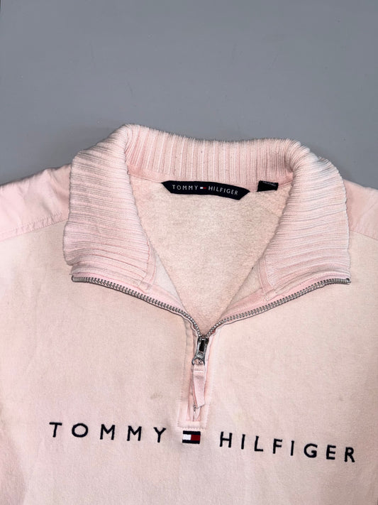 Tommy Hilfiger Quarter Zip Pullover Sweatshirt - Pink Embroidered Spell Out Vintage (L)