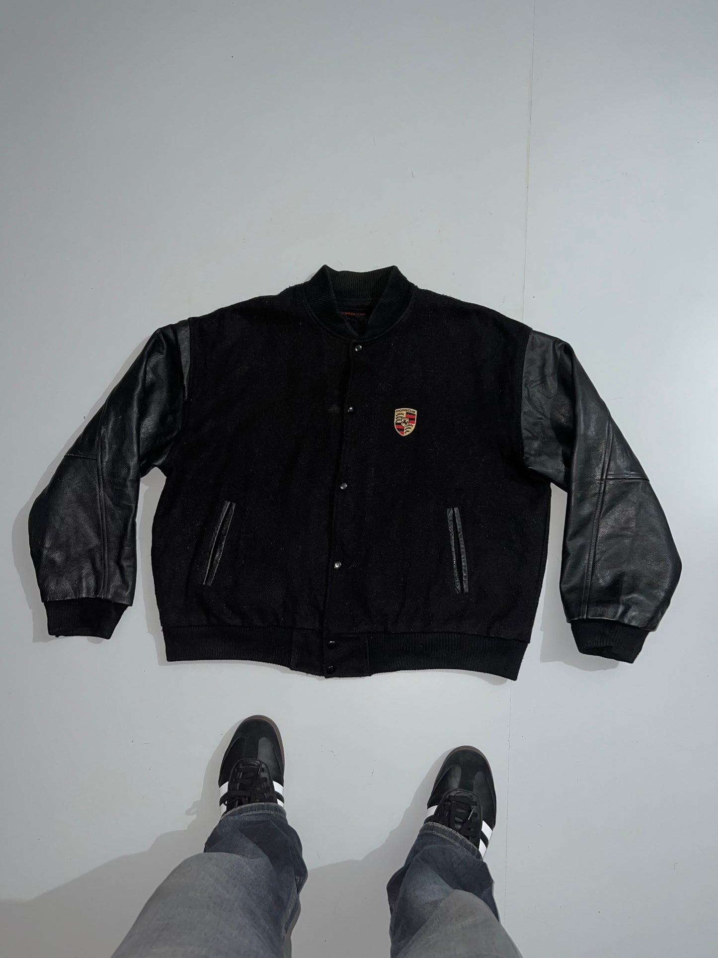 ZVintage Porsche Leather & Wool Letterman Varsity Jacket (RARE FIND) (L/XL)