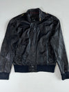 Vintage Black Leather Café Racer Bomber with Zip Collar, Shoulder Zips & Navy Rib Knit, Made in Korea (S)