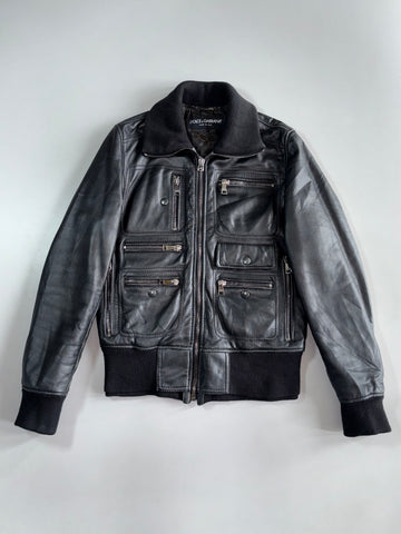 2000s Dolce & Gabbana mainline multi-pocket aviator flight leather bomber Jacket Sheepskin Leather  100% Authentic verified by LegitGrails Size (M)
