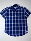 Tommy Hilfiger Navy Blue Plaid Short Sleeve Button-Up Shirt – Custom Fit, (XL)