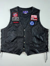 Vintage Patched Black Leather Biker Vest with Braided Trim & Side Lacing  (3XL)