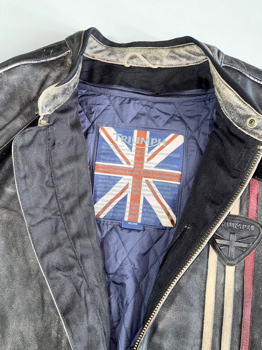 Triumph Original Distressed Pure Leather Biker Jacket | Union Jack Badge | Racing Stripes | Quilted Lining (2XL)