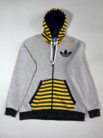 Vintage Adidas Grey Striped Trefoil Zip-Up Hoodie (XL)