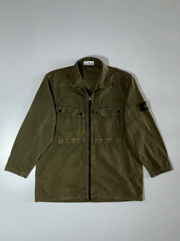 Stone Island Olive Green Zip-Up Overshirt Jacket with Compass Badge (XL)