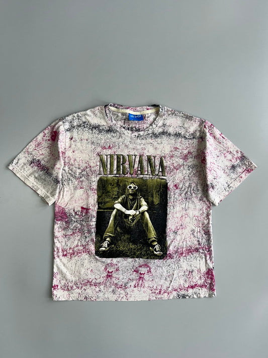 Nirvana Kurt Cobain All-Over Print Acid Wash Double-Sided Graphic T-Shirt (L/XL)