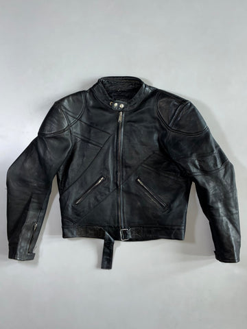 Panel-Stitched Black Leather Moto Jacket (M)