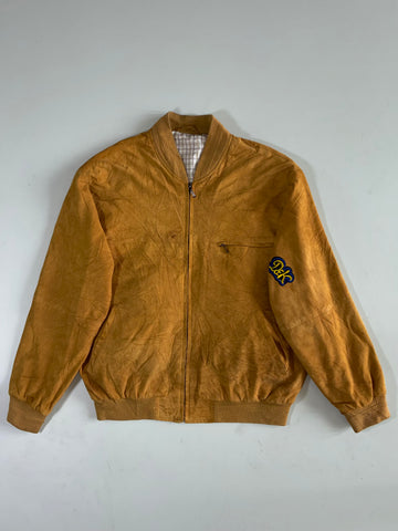 Golden Tan Suede Varsity Bomber Jacket (XL)