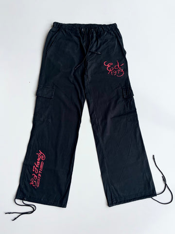Ed Hardy x Urban Outfitters Black embroidered Cargo Elastic Pants (W: 32, L:41)