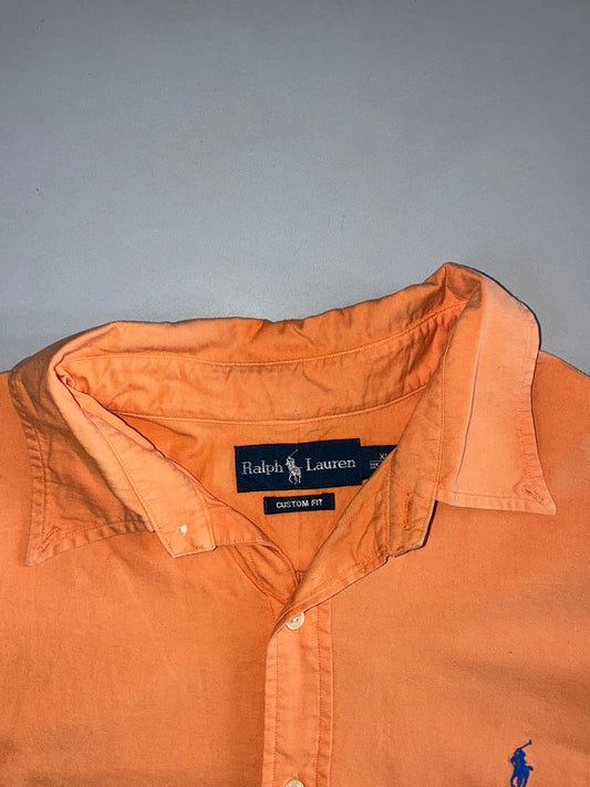 Ralph Lauren Short Sleeve Button-Up Shirt Blue Pony Logo Custom Fit Peach Orange (XL/2XL)