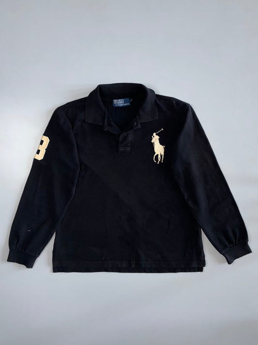 Polo by Ralph Lauren Big Pony #3 Gold Embroidered Long Sleeve Pique Polo Shirt Black (M)
