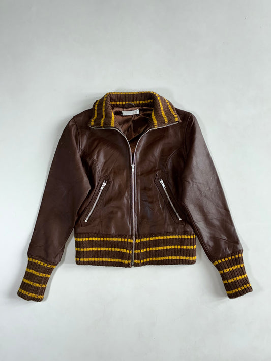 Ichi Brown Leather Bomber Jacket with Mustard Striped Knit Collar & Cuffs, (XS)