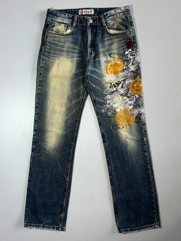 J950 (Amaterasu) Embroidered Crane Jeans (W:32 |L:43)