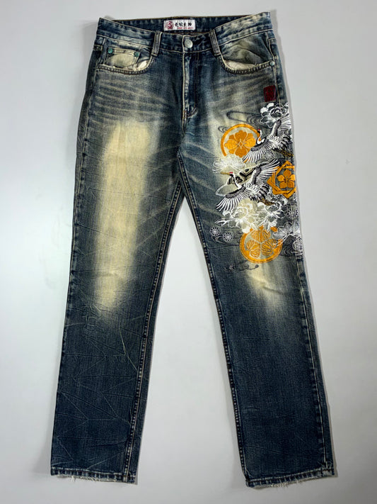 J950 (Amaterasu) Embroidered Crane Jeans (W:32 |L:43)