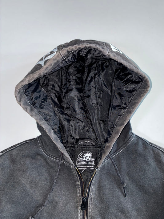 Lurking Class by Sketchy Tank | Spiderweb Print Zip-Up Hooded Work Jacket (M/L)