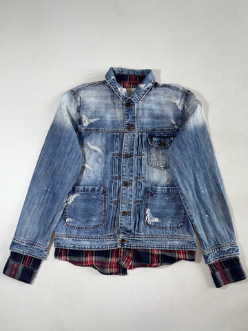 Vintage Buckaroo Distressed Denim Jacket With Plaid Layers (L)