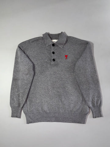 AMI Paris Grey Knit Polo Sweater – Red Ami de Coeur Logo (M)