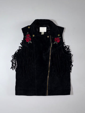 Forever 21 Black Suede Fringe Moto Vest with Rose Embroidery women’s (S)