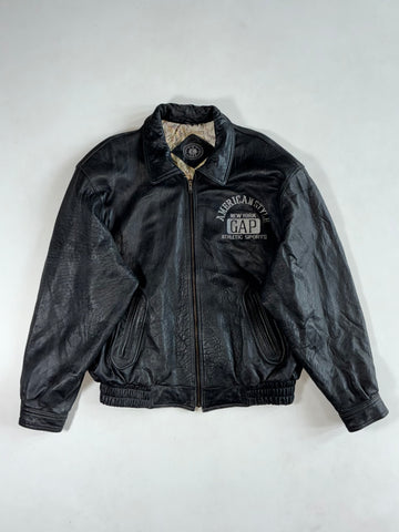 Vintage 90s Gap Black Leather Bomber Jacket – “American Style New York” Embroidery, Map Print Lining (XL)