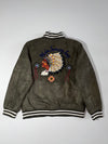 Mainstream Olive Green Faux Suede Varsity Bomber Embroidered Stone Jacket (XL)
