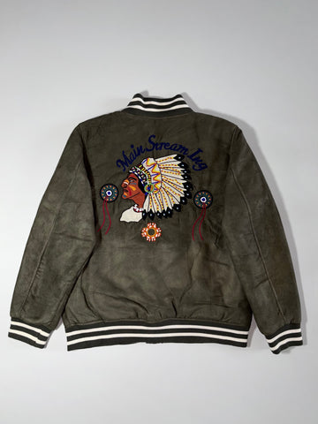 Mainstream Olive Green Faux Suede Varsity Bomber Embroidered Stone Jacket (XL)