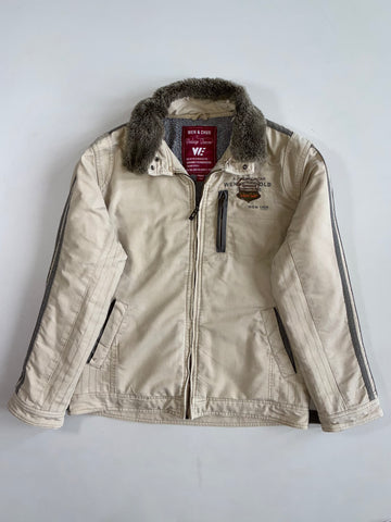 Wen & Chun Beige Sherpa-Lined Work Jacket with Faux Fur Collar (XL)