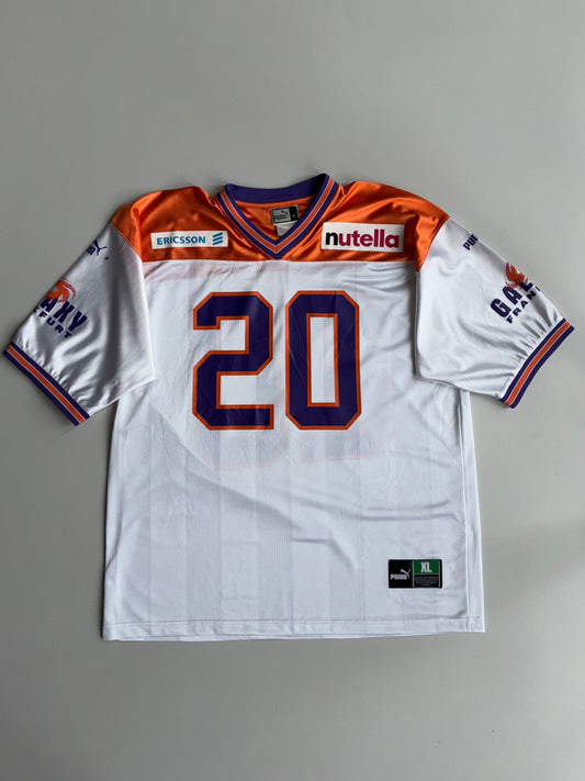 Vintage Puma #20 American Football Jersey – White & Orange Graphic Sports Tee (2XL)
