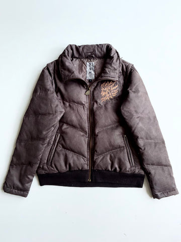 Vintage Japanese Brown Faux-Suede Puffer Jacket – Studded Embroidery (M)