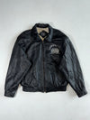 Vintage 90s Gap Black Leather Bomber Jacket – “American Style New York” Embroidery, Map Print Lining (XL)