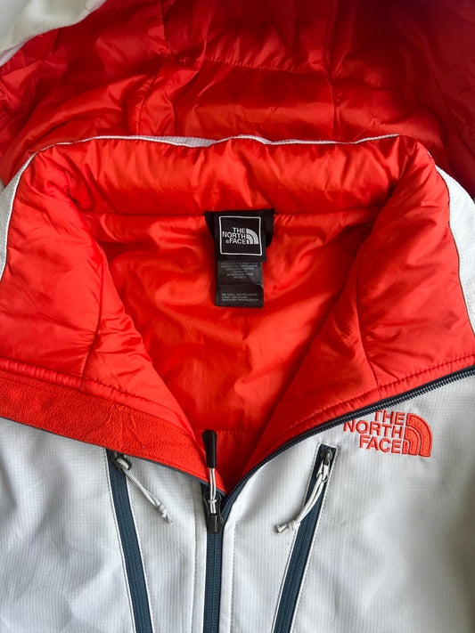 The North Face Insulated Colorblock Hooded Jacket White Slate Blue Orange Lining (M)