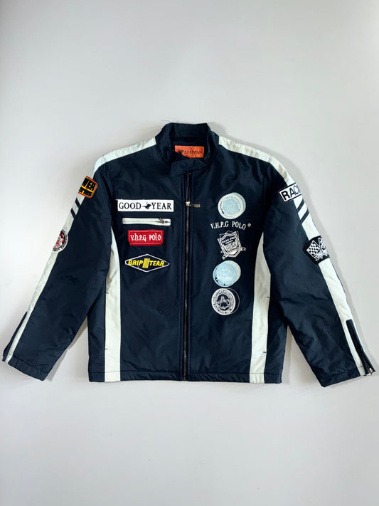 “V.H.P.G Polo Racing Jacket – Multi Patch  | Embroidered Logos | Statement Back Graphic | Rare Vintage Streetwear” (L)
