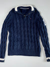 Y2K Tommy Hilfiger Navy Cable Knit Quarter Zip Sweater – Tipped Collar & Crest Patch – (M)