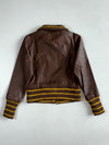 Ichi Brown Leather Bomber Jacket with Mustard Striped Knit Collar & Cuffs, (XS)