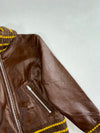 Ichi Brown Leather Bomber Jacket with Mustard Striped Knit Collar & Cuffs, (XS)