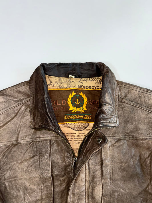 Vintage Gold Sport Club Expédition 1899 Genuine Leather Bomber Jacket Indian Motorcycle Liner Brown | Size L/XL
